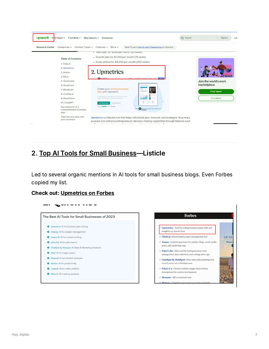 Organic mentions · Upwork & Forbes both cite Upmetrics from article content